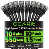 GEARit Cat 6 Ethernet Cable Pack - 10-Pack 1.5 ft Cat6 Ethernet Patch Cables | RJ45 Network Patch Cable, 10 Gbps Snagless Gold-P