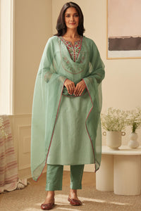 Gosriki Women'S Cotton Blend Embroidered Straight Kurta With Pant & Dupatta (Farigup-Green-Nw-Gs_S_Green_Small),Green,,B0D1XZ7KQ5