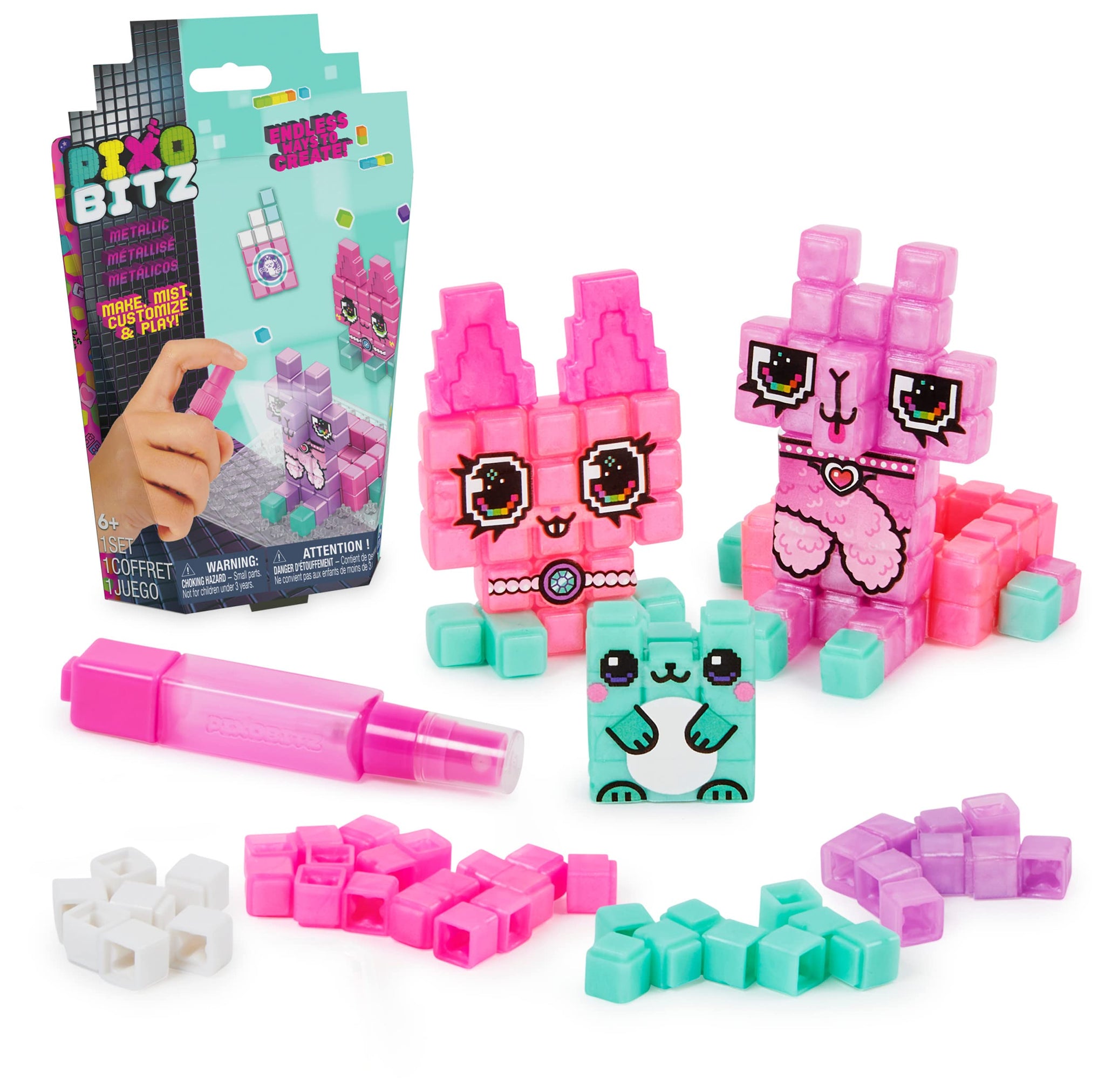 Pixobitz, Metallic Pack with 156 Exclusive Water Fuse Beads, Decos and Accessories, Makes 3D and 2D Creations with No Heat, Arts
