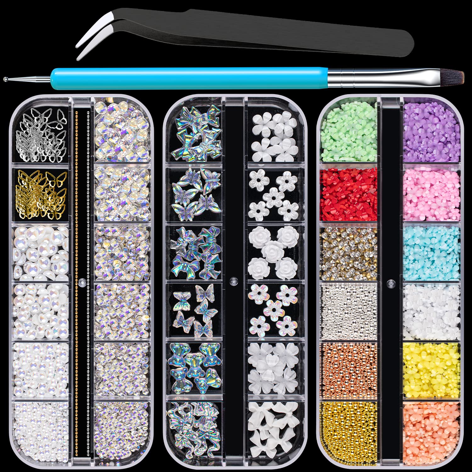 Mixed 3D Nail Art Gem Decoration Accessories Kit #1, Aurora Bear Bow Butterfly Starry Ab Rhinestone Charm Jewelry For Deco, Pear
