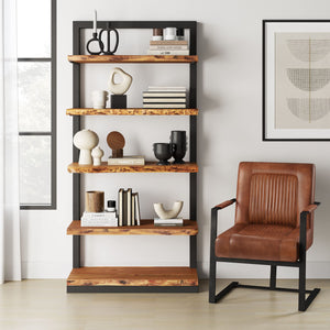 Jofran Maguire Mid-Century Modern Genuine Leather Upholstered Sled Accent Chair, Saddle