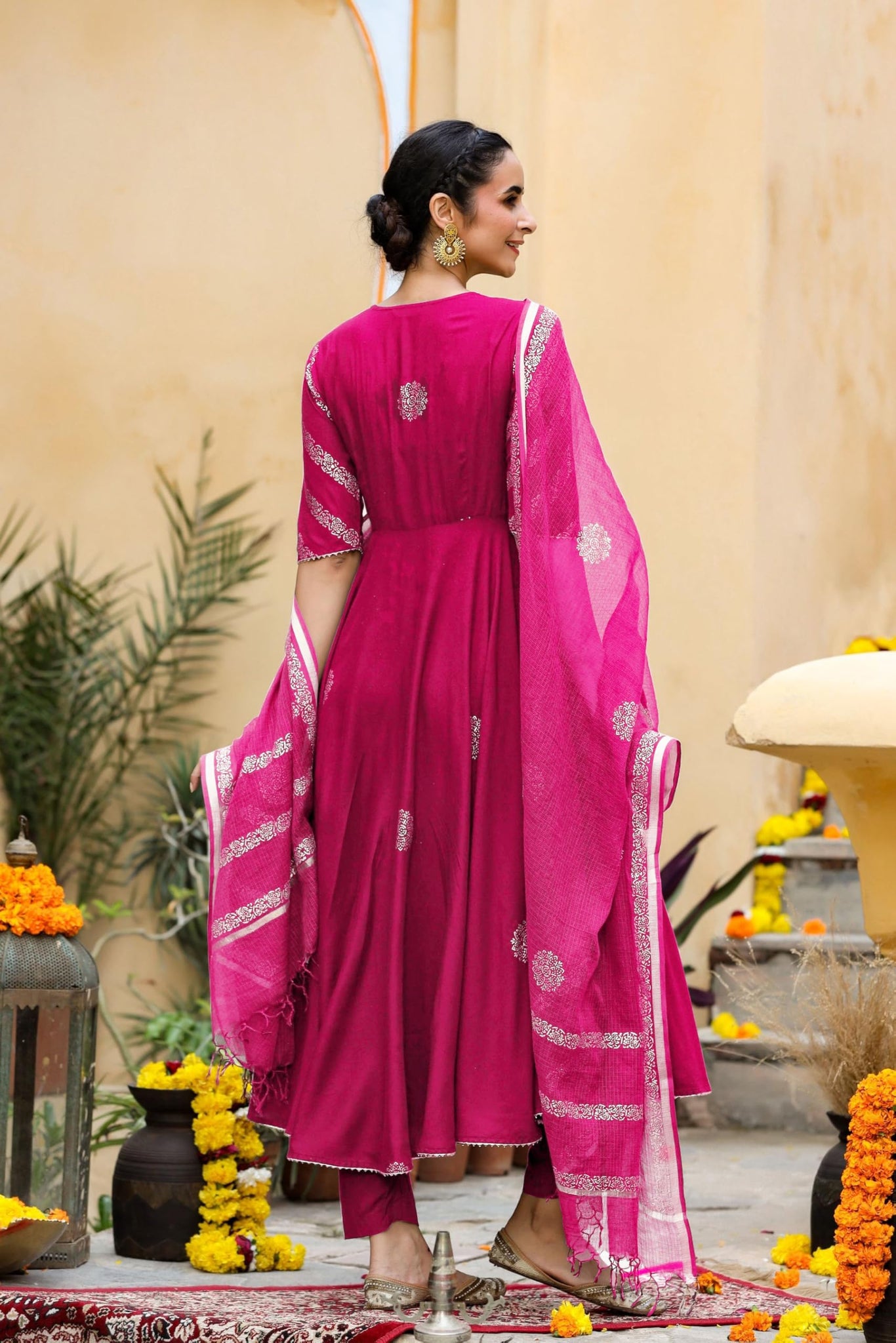 Gosriki Women'S Rayon Blend Anarkali Printed Kurta With Pant & Dupatta (Berlin Pink-Vks01-Gs_L_Pink_Large),Pink,,B0DFCHYTZ3