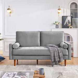 American Furniture Classics Grey 69 Inch Wide Upholstered Two Cushion Sofa With Bolster Pillows Velvet, 68' X 32' X 37'