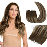 Full Shine Injection Tape in Hair Extensions 5Pcs 20 Inch Seamless Skin Weft Tape in Extensions Color 4 Brown Fading to 27 Blond