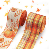 Threetols 2 Rolls 20 Yards Fall Wired Edge Ribbons, 2.5inch Orange Plaid Burlap Ribbons, Autumn Leaves Pumpkin Ribbon for Thanks