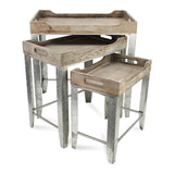 Cheung'S Set Of 3 Gray Wash Wood Top Side Handles And Galvanized Metal Base Nesting Table