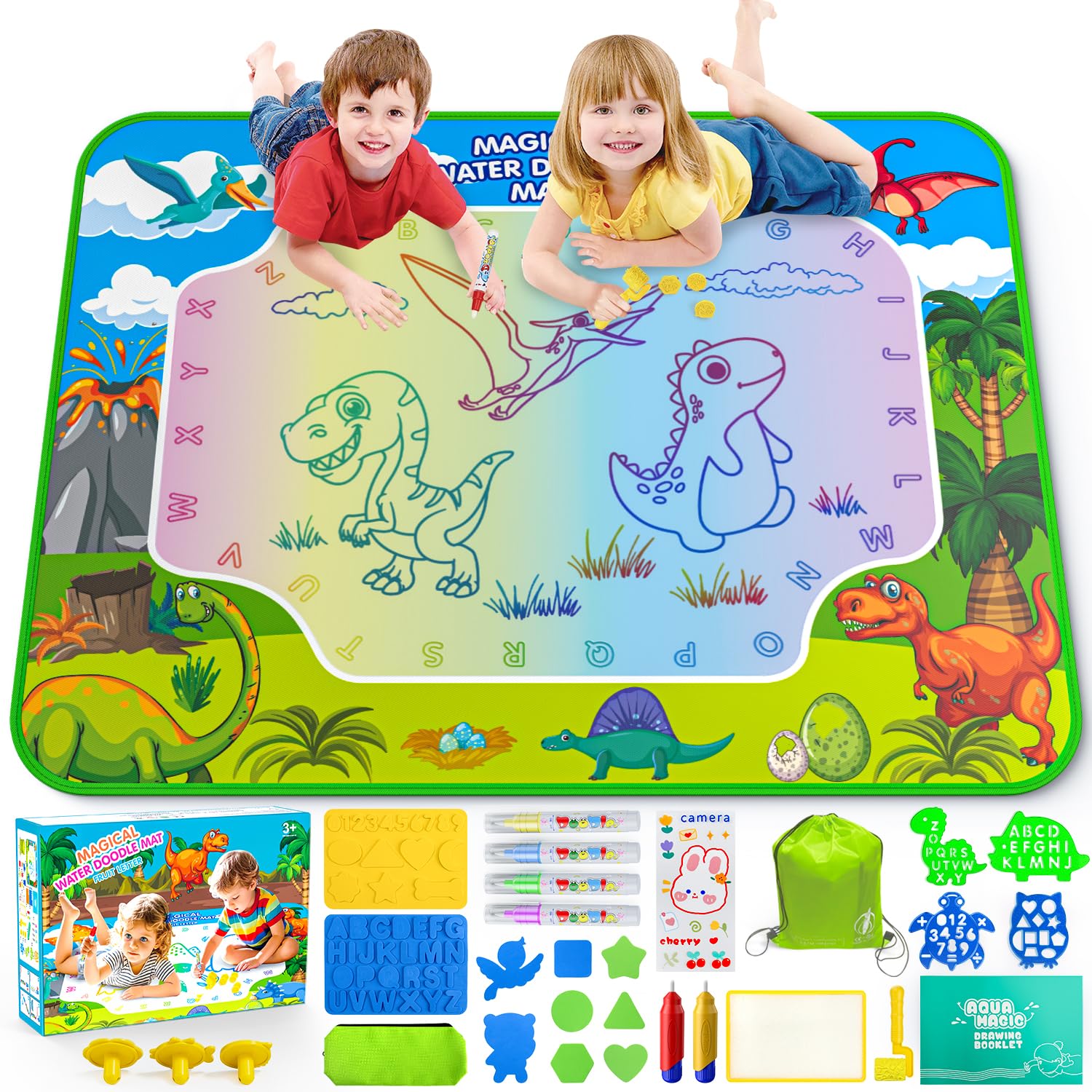 Water Doodle Mat for Kids 32x40 Inch, Reusable Coloring Mat Educational Toy for 3 4 5 6 7 8 Years Old Girls & Boys, Neon Color M