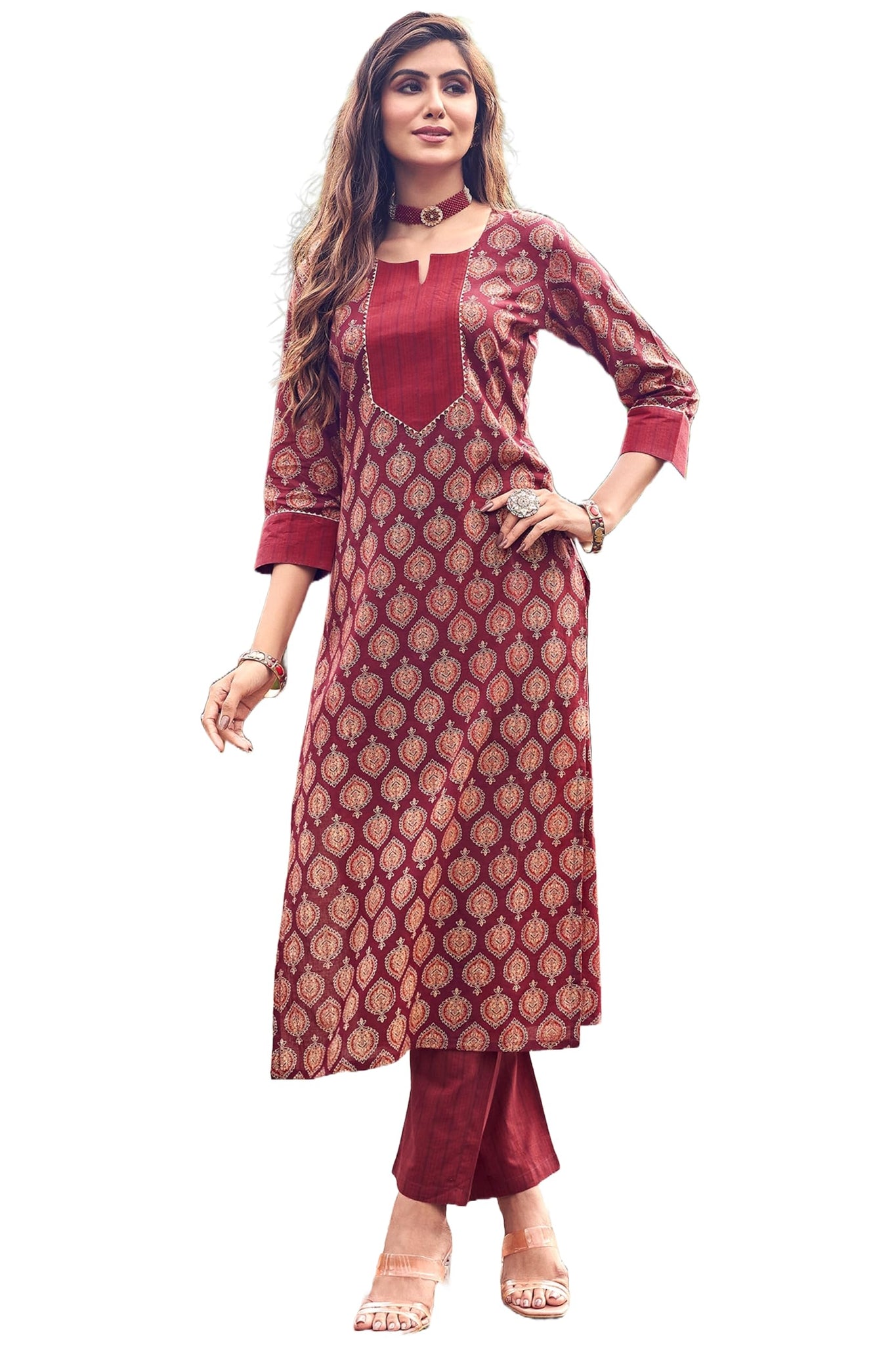 Anni Designer Women'S Cotton Blend Straight Printed Kurta With Pant Set (Garima Maroon-Vgt_M_Maroon_Medium),Maroon,M