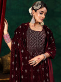 Libas Women'S Velvet Embroidered Kurta Set (36967_Burgundy Burgundy M