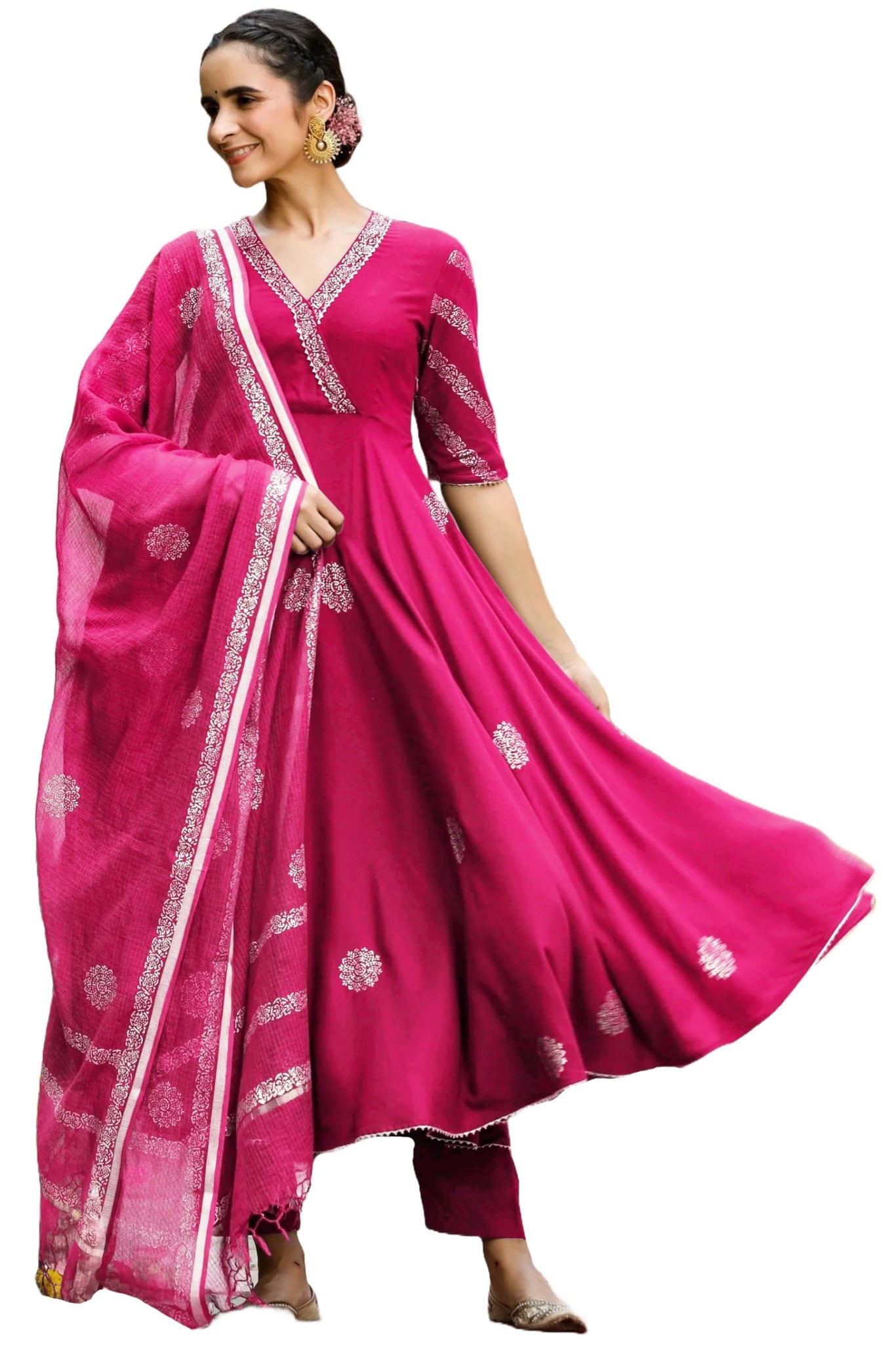 Gosriki Women'S Rayon Blend Anarkali Printed Kurta With Pant & Dupatta (Berlin Pink-Vks01-Gs_L_Pink_Large),Pink,,B0DFCHYTZ3
