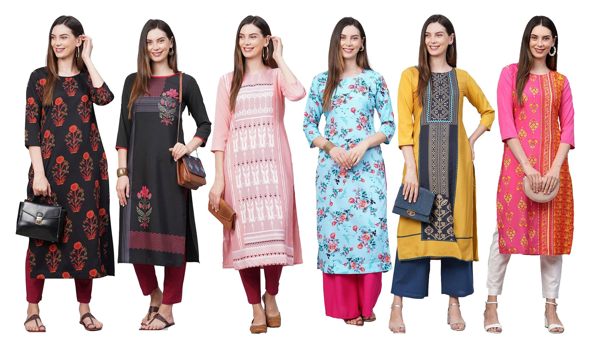 Anni Designer Women'S Crepe Straight Printed Kurta Pack Of 6 (Crepe Combo-6_6_Xl_Newly_Multicolor_X-Large),Multicolour,XL