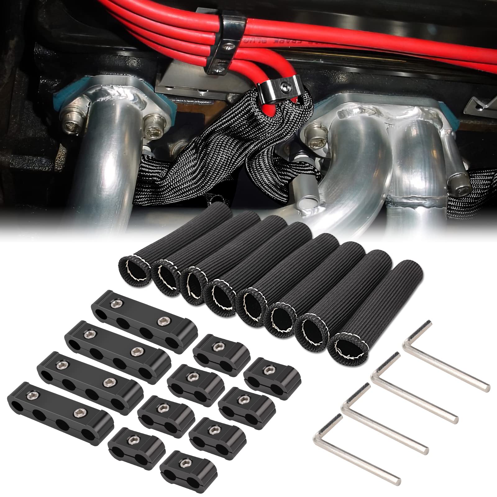 12pc Engine Spark Plug Wire Separator Divider & 8pc Spark Plug Wire Boots Protector Heat Sheild Sleeve 8mm 9mm 10mm Spark Plug W