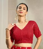 Pujia Mills Women'S Indian Ethnic Wear Designer Silver Sequence With Matching Embroidered Work V Neck Half Sleeve Readymade Padded Saree Blouse Readymade Unique Red Color Saree Blouse Red 34