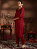 Libas Womens Woven Design Cotton Blend Straight Kurta With Trousers And Dupatta Maroon 2Xl 39058