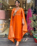 Anni Designer Women'S Rayon Blend Straight Embroidered Kurta With Pant & Dupatta (Manushi Orange-Vks01_4Xl_Orange_Xxxx-Large),Orange,4XL,,,