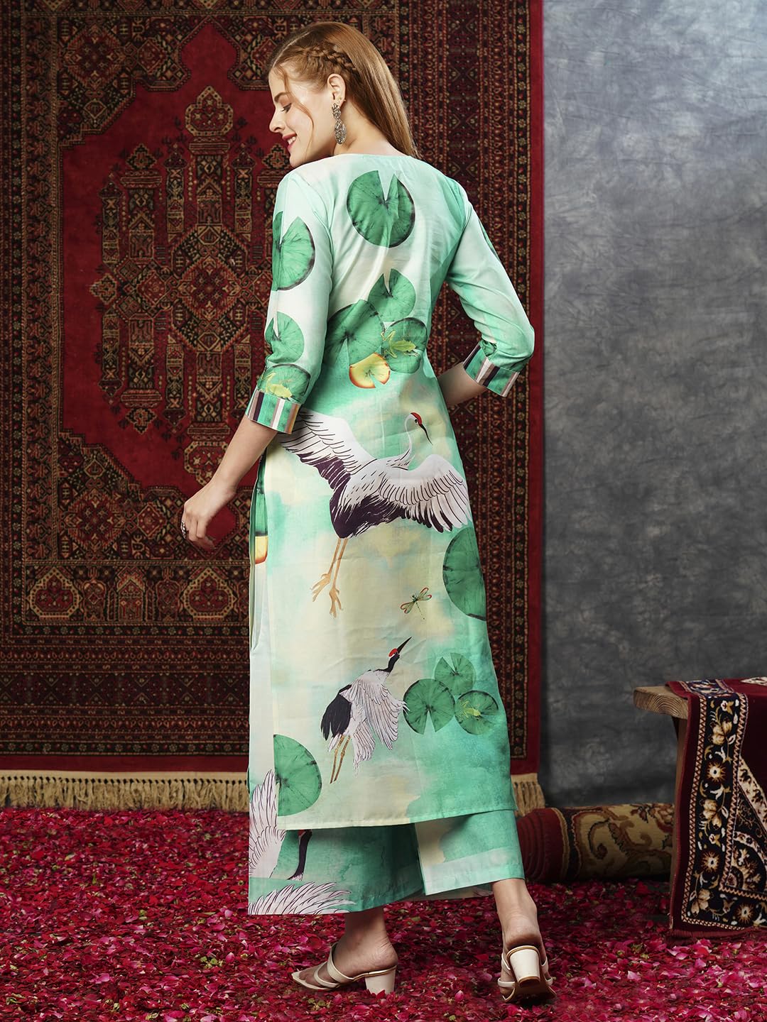 Gosriki Women'S Cotton Blend Straight Printed Kurta With Palazzo (Swans See Green-Jl-Gs_5Xl_See Green_Xxxxx-Large),See Green,5,B0D73YQMYF