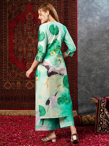 Gosriki Women'S Cotton Blend Straight Printed Kurta With Palazzo (Swans See Green-Jl-Gs_5Xl_See Green_Xxxxx-Large),See Green,5,B0D73YQMYF