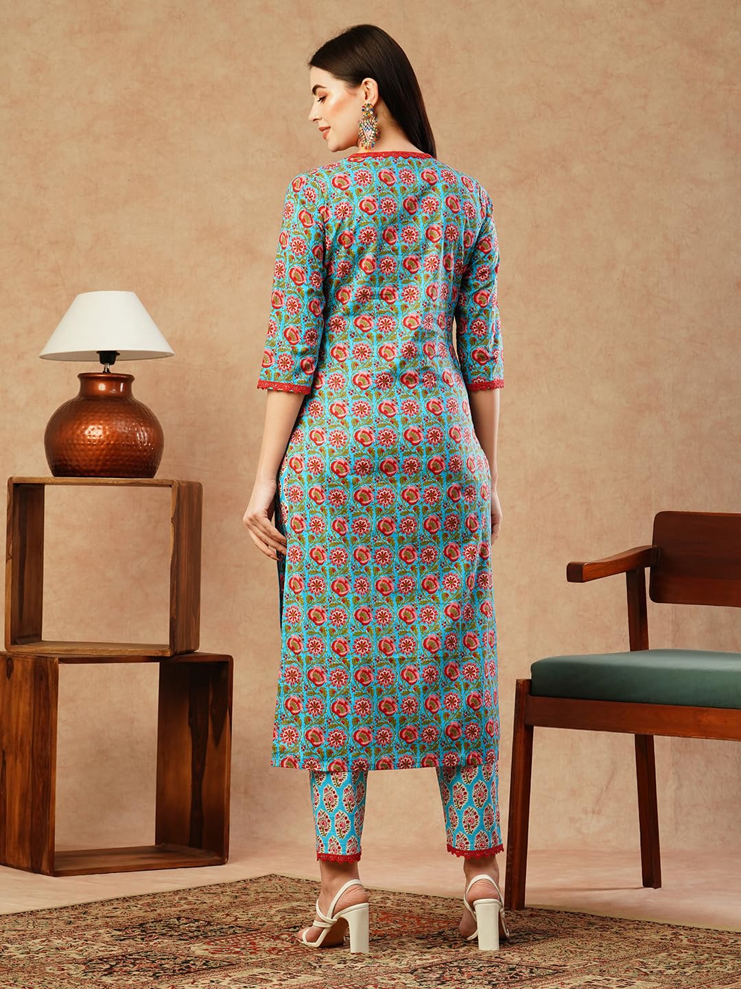 Gosriki Women'S Cotton Blend Straight Printed Kurta With Pant (Balajyoti Blue-Gs_L_Blue_Large),Blue,,B0CSG5XL1C