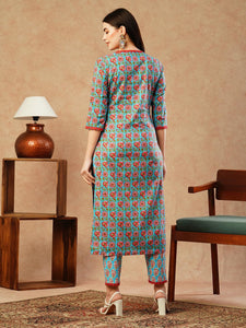 Gosriki Women'S Cotton Blend Straight Printed Kurta With Pant (Balajyoti Blue-Gs_L_Blue_Large),Blue,,B0CSG5XL1C