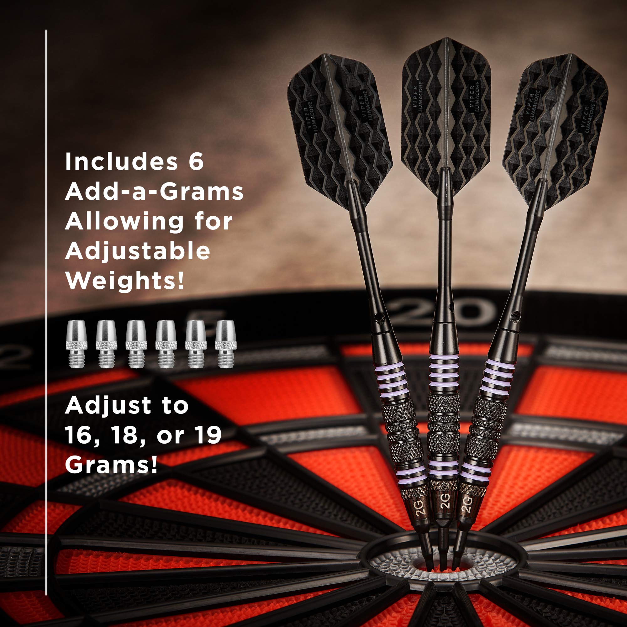 Viper Bobcat Adjustable Weight Soft Tip Darts With Storage/Travel Case: Black Coated Brass, Purple Rings, 16-19 Grams