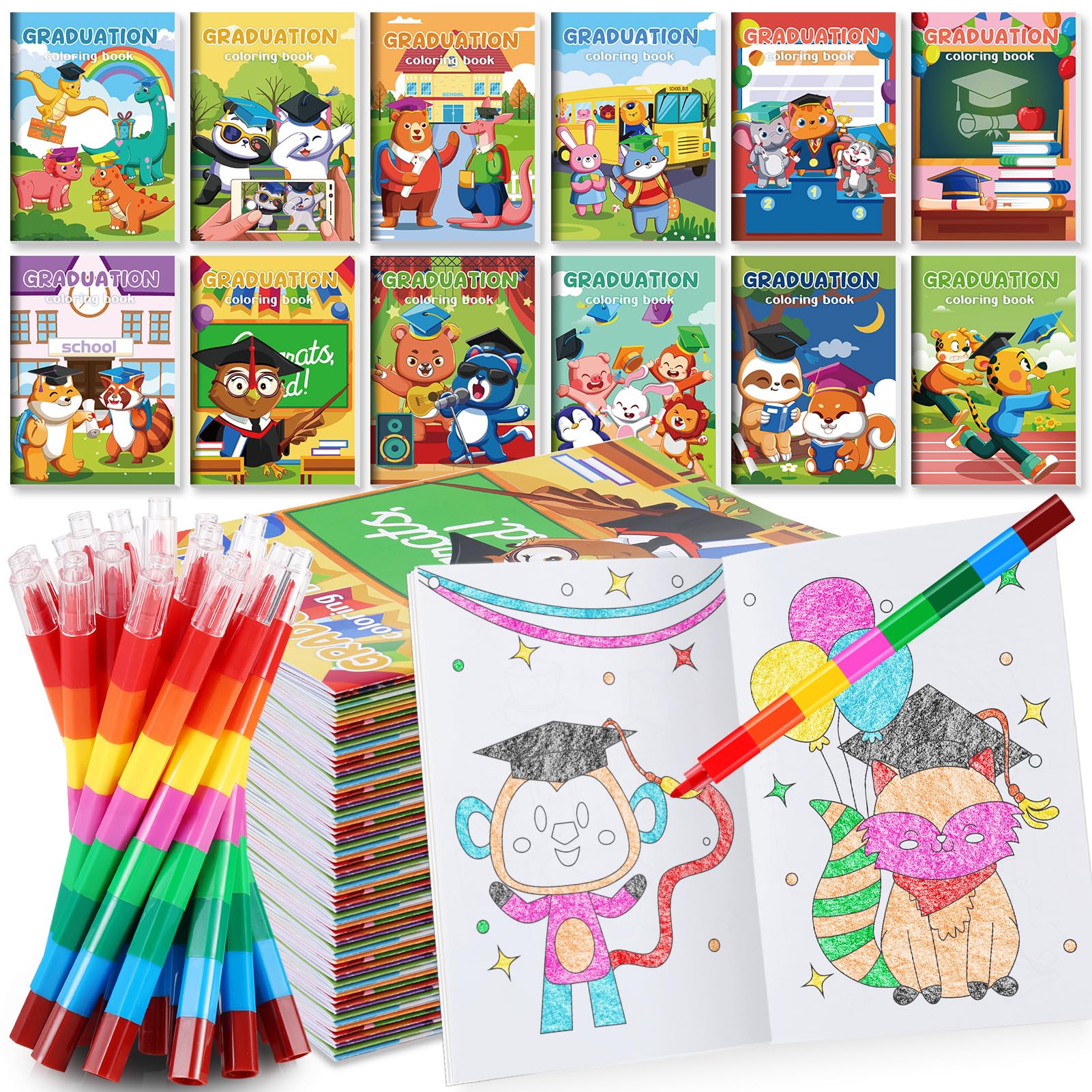 BenLouis 12 Kindergarten Graduation Mini Coloring Books Kids with 12 Stacking Crayons Preschool Classroom Party Favors Small Act