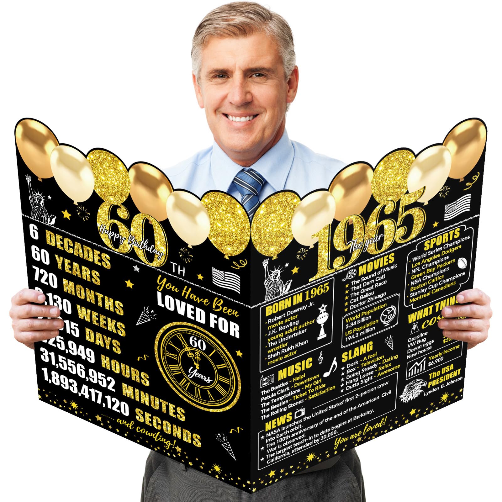 Guiruiy Large 60th Birthday Cards With Envelope for Men Women, Black Gold Vintage 1965 60th Birthday Signature Guestbook Gifts P