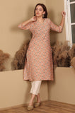 W For Woman Peach Floral Printed Straight Kurta With Lace Highlight (Size: Xl)-24Auw12224-124840
