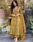 Gosriki Women'S Rayon Blend Anarkali Printed Kurta With Pant & Dupatta (Cia Yellow-Vks01-Gs_M_Yellow_Medium),Yellow,,B0DD766BV9