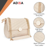 Adisa Women'S Girls Quilted Cross Body Sling Bag With Gold Chain (Sl5136_Off White),Off-White,,B0D6X2FBM6