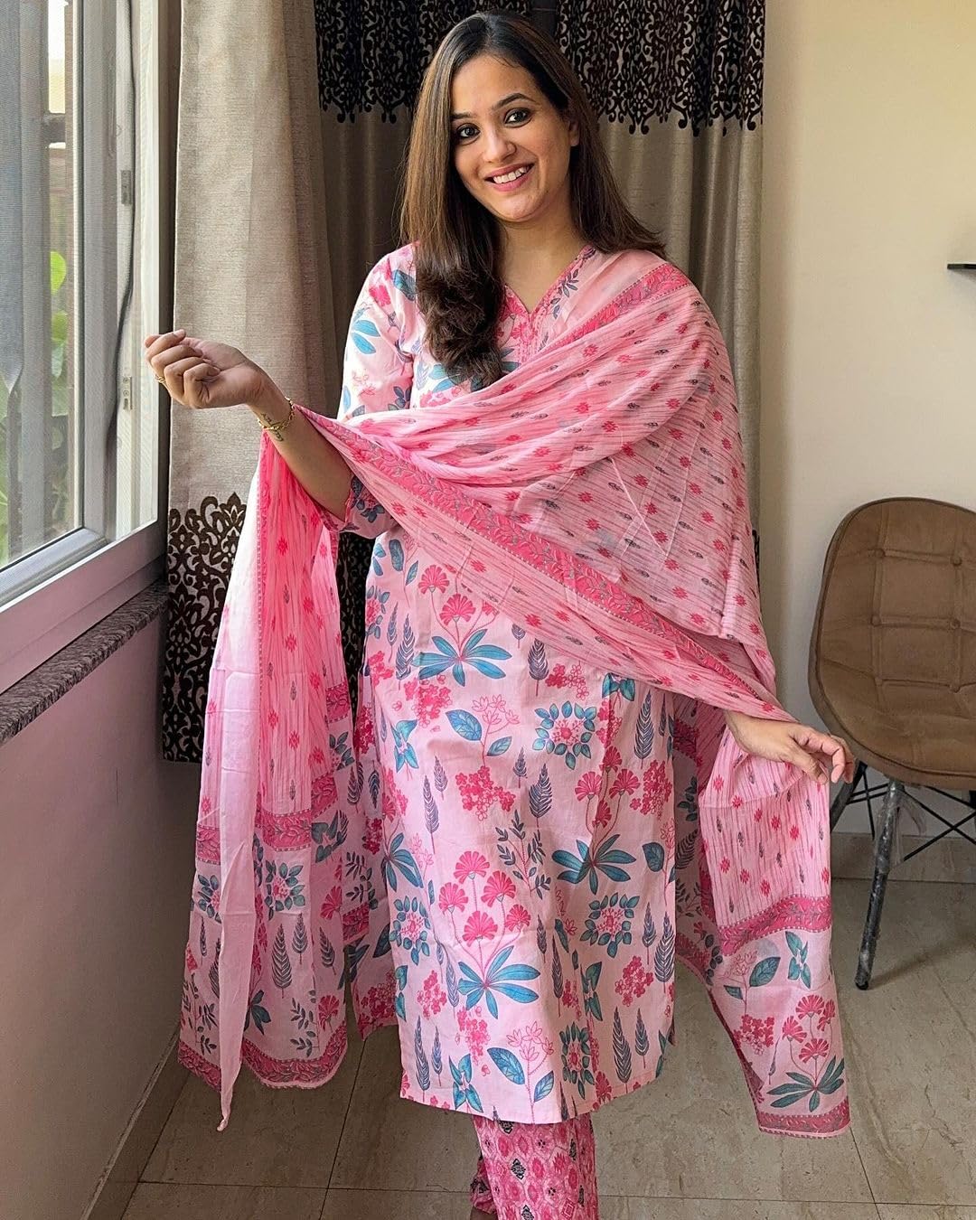 Gosriki Women'S Rayon Blend Straight Printed Kurta With Pant & Dupatta (Kumud Pink-Vks01-Gs_Xl_Pink_X-Large),Pink,,B0DD78B616