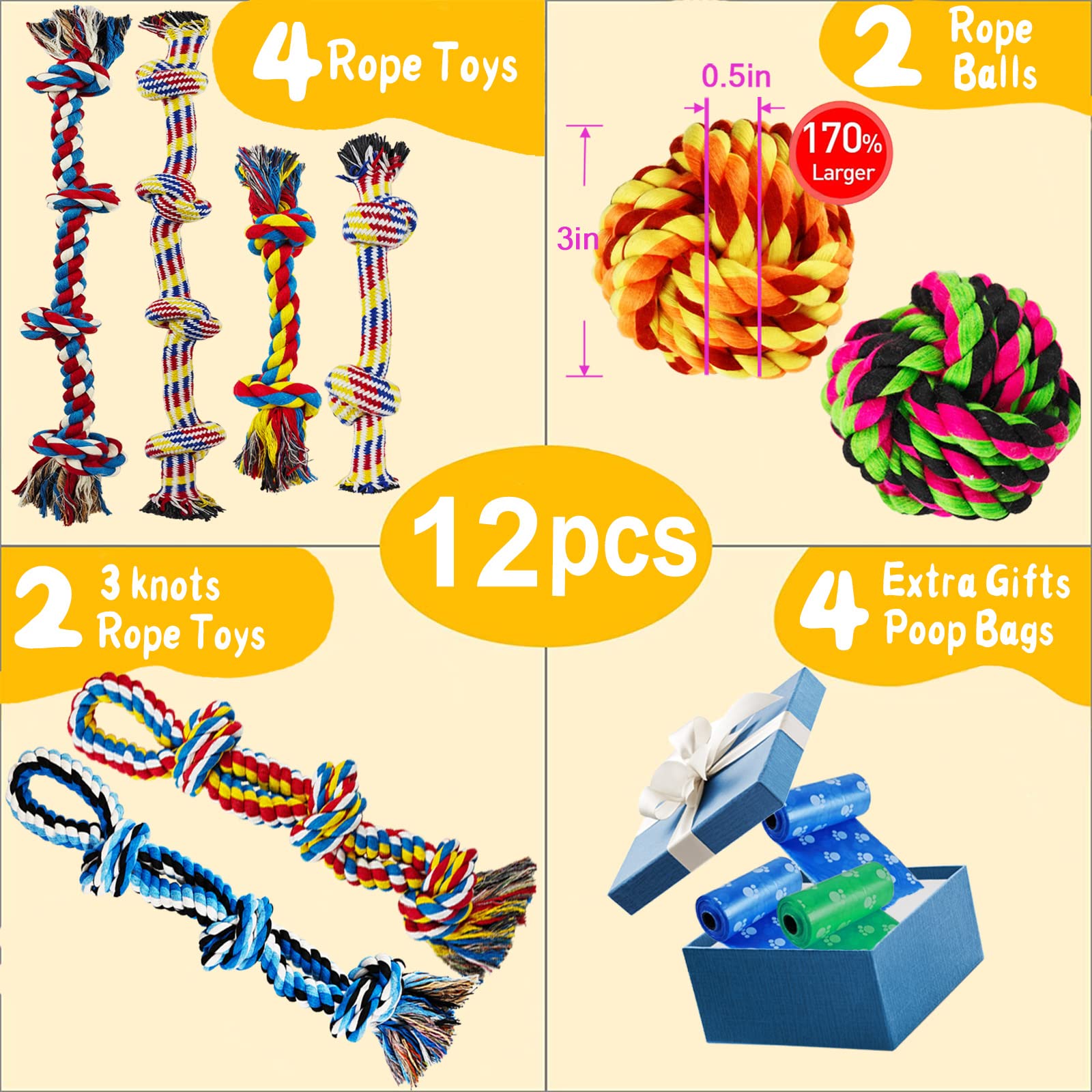 LosFong Large Dog Chew Toys for Aggressive Chewers, 12 Pack Indestructible Dog Rope Toys for Large Breeds, Heavy Duty Dental Dog