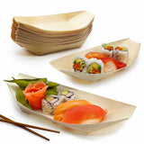 50 Pk Extra Large 10 Biodegradable Sushi Boats. 100% Disposable Appetizer Plates. Compostable Natural Wood Food Trays. Sturdy Po