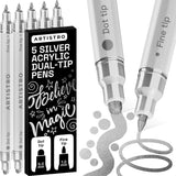 ARTISTRO 5 Silver Precision Dual-Tip Acrylic Paint Markers - Paint Pens Set with Dot & Fine Tips for Fabric, Rock, Glass, Wood, 