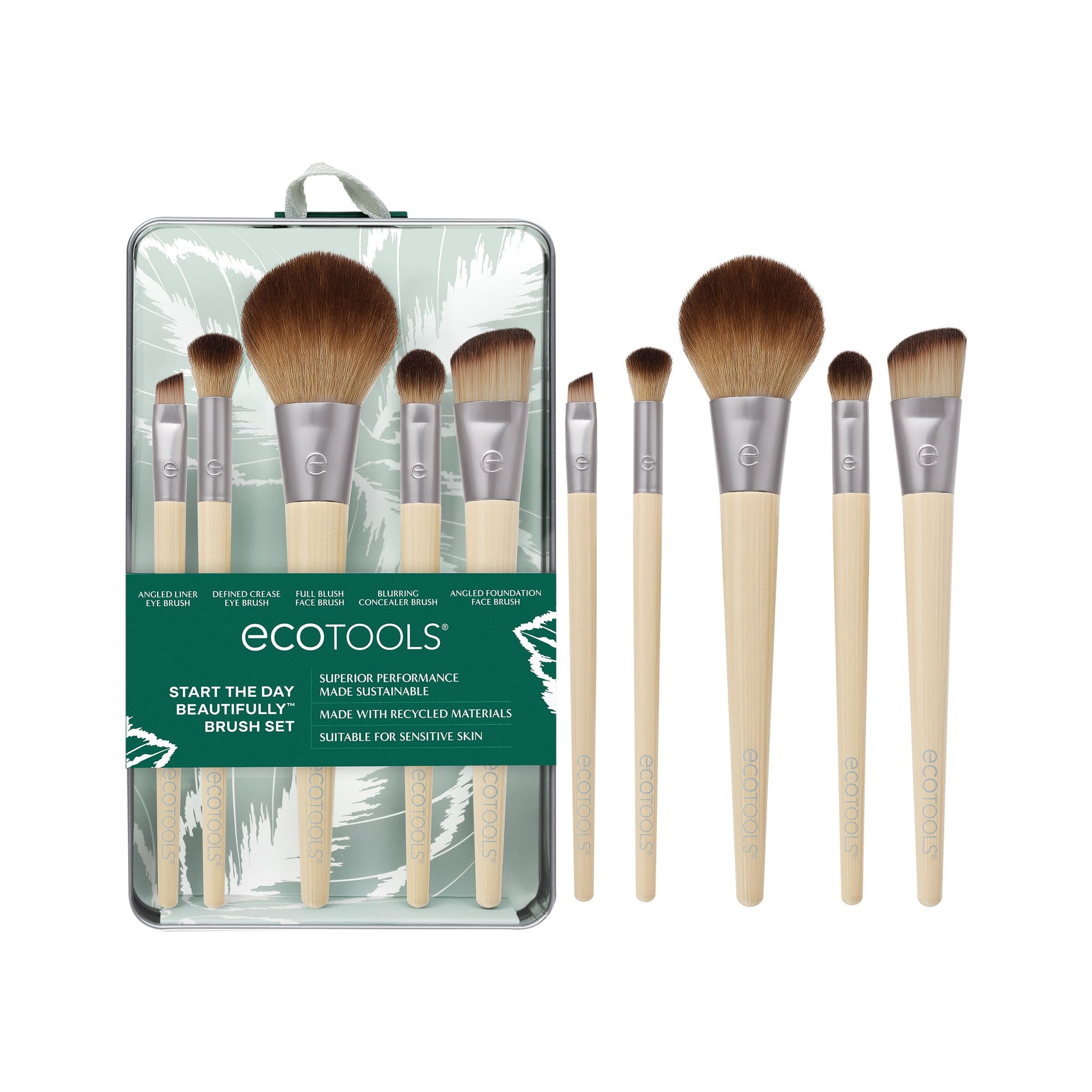Ecotools Makeup Brush Set For Eyeshadow, Foundation, Blush, And Concealer With Bonus Storage Case, Start The Day Beautifully, Tr