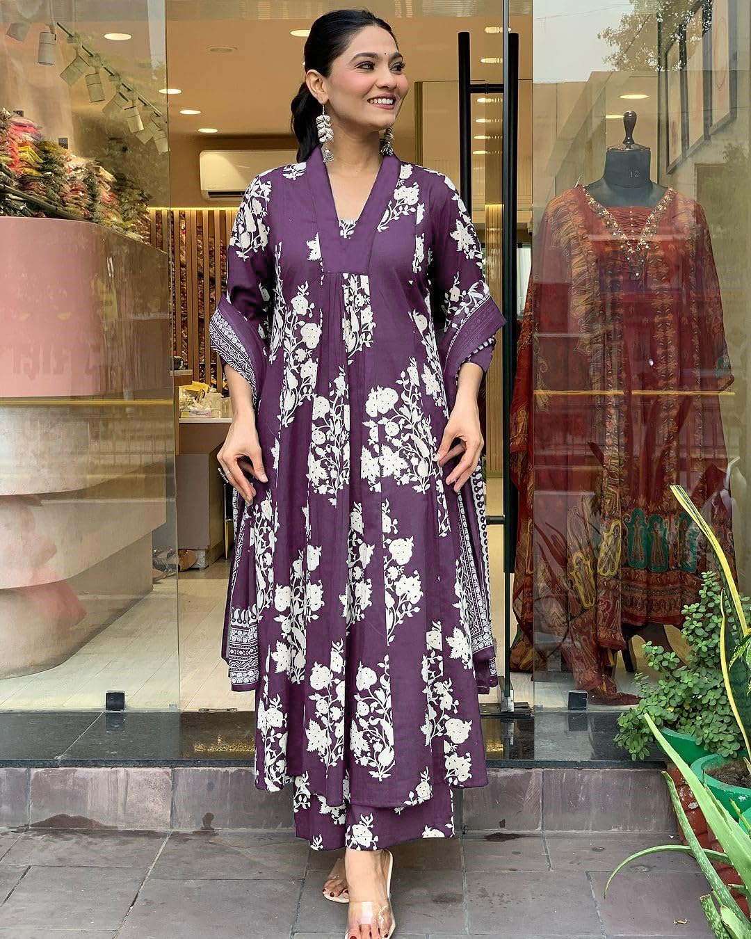 Anni Designer Women'S Rayon Viscose Anarkali Printed Kurta With Pant & Dupatta (Jasiwal Purple_M_Purple_Medium),Purple,M,Rayon Blend,A-Line,
