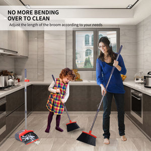 Broom with Dustpan Combo Set Broom and Dustpan Set Dust Pan with Stainless Steel Long Handle, Brooms with 5-Layer Soft Bristles,
