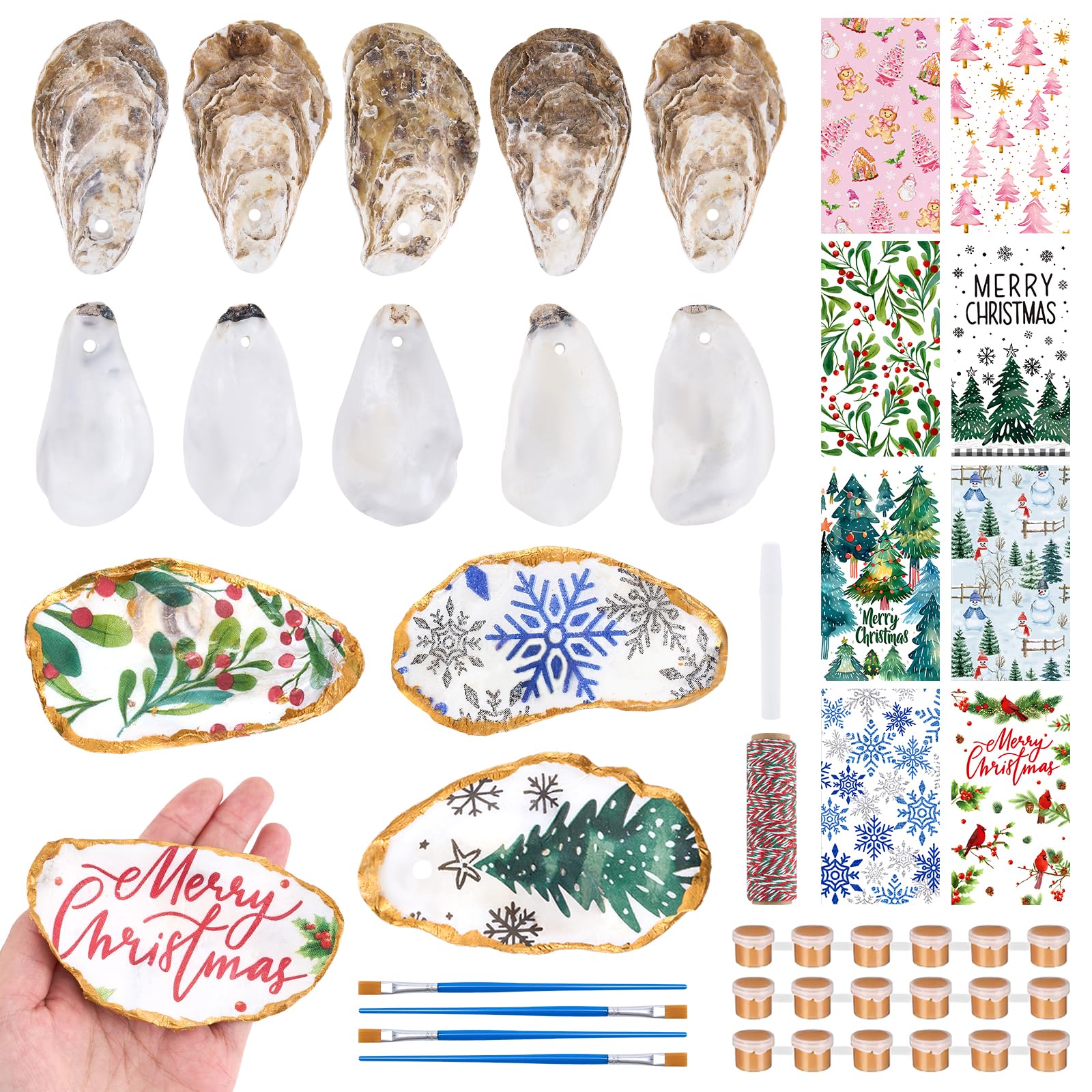 APUDWN 16 Set Oyster Shells for Crafts 4-5 Inch Christmas Pre-Drilled Oyster Shells Crafts Kits with Decoupage Paper Napkin Glue