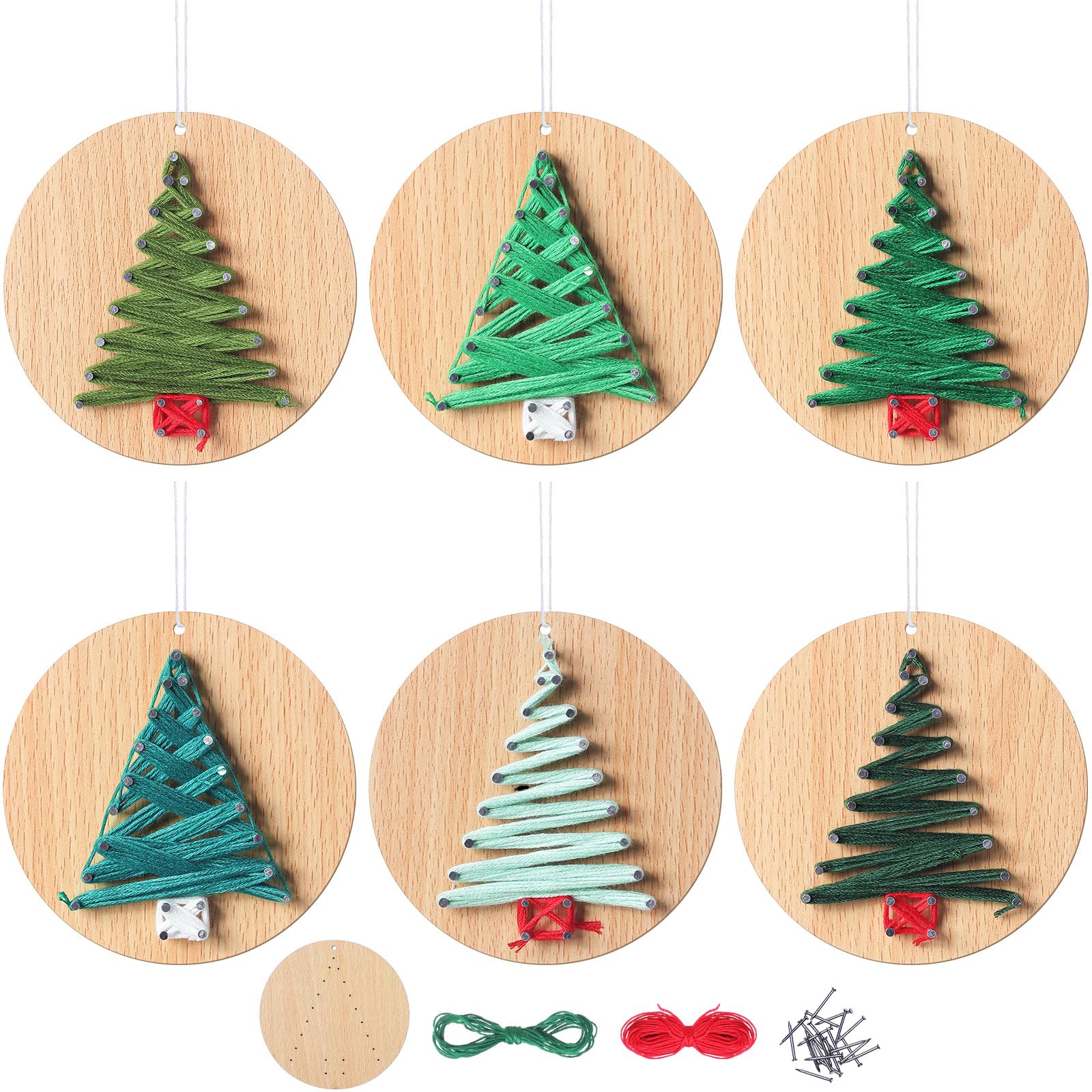 Jetec 6 Pcs Christmas Tree String Art Kit DIY Wood Xmas Tree Ornaments Crafts with Planks Nails Wire for Holiday Handmade Adults
