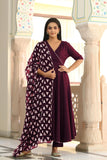 Gosriki Women'S Rayon Blend Anarkali Solid Kurta With Pant & Dupatta (Mita Wine-Gs_S_Wine_Small),Wine,,B0DFXZVD7S