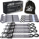 JACO Heavy Duty Ratchet Straps 1.6 inch x 8 ft (4 Pack) | Tie Down Kit with Soft Loops 5,208 lbs (Grey)