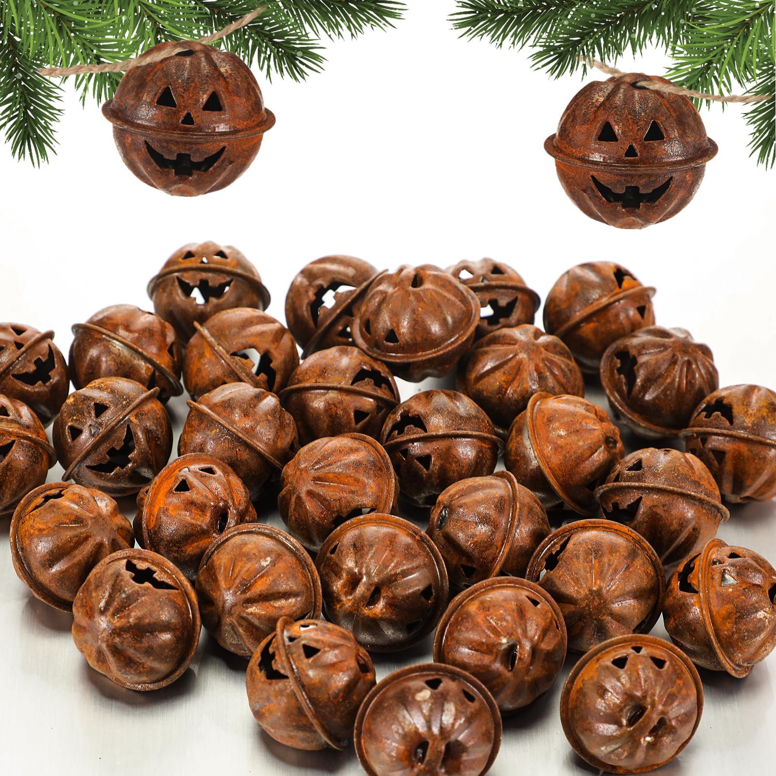 Otoolling 30 Pcs Halloween Pumpkin Rusted Jingle Bells Vintage Rustic Jack-o-Lantern Face Design Rusty Bells for Crafting Hallow