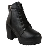 Shoetopia Women Black Zipper & Lace Up Block Heeled Boots,Black,6,B09NSHCKXP