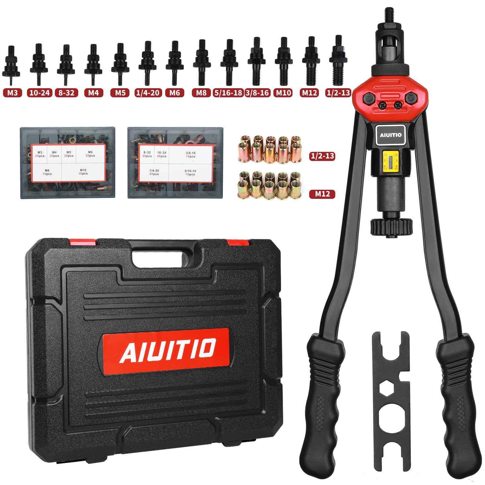Aiuitio 16 Rivet Nut Tool, Rivnut Tool Kit With 13 Metric And Sae Mandrels, Nutsert Rivet Tool Set With 200Pcs Rivnuts, Thread