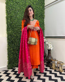 Anni Designer Women'S Rayon Viscose Embroidered Straight Kurta With Pant & Dupatta (Kalsubai Orange_Xxl_Orange_Xx-Large),Orange,2XL,,,