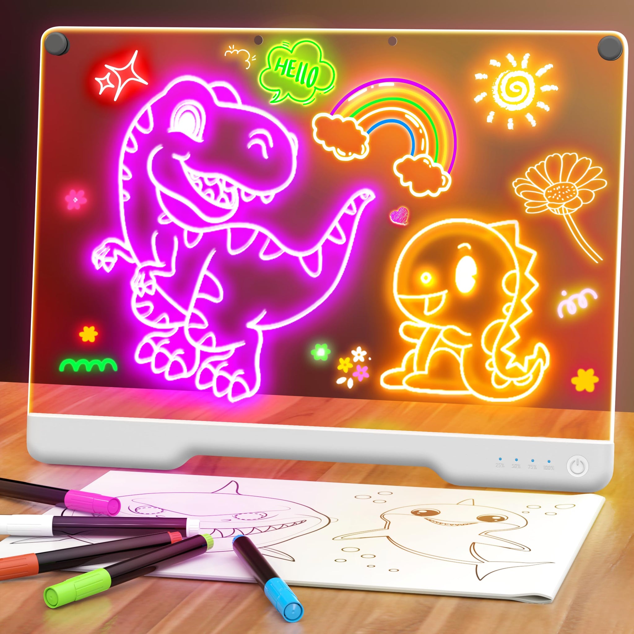 16-Inch Rechargeable Doodle Glow LED Note Board, 7-Color Light Modes, Neon Art Dry Erase Light Up Drawing Pad with Built-in Stan