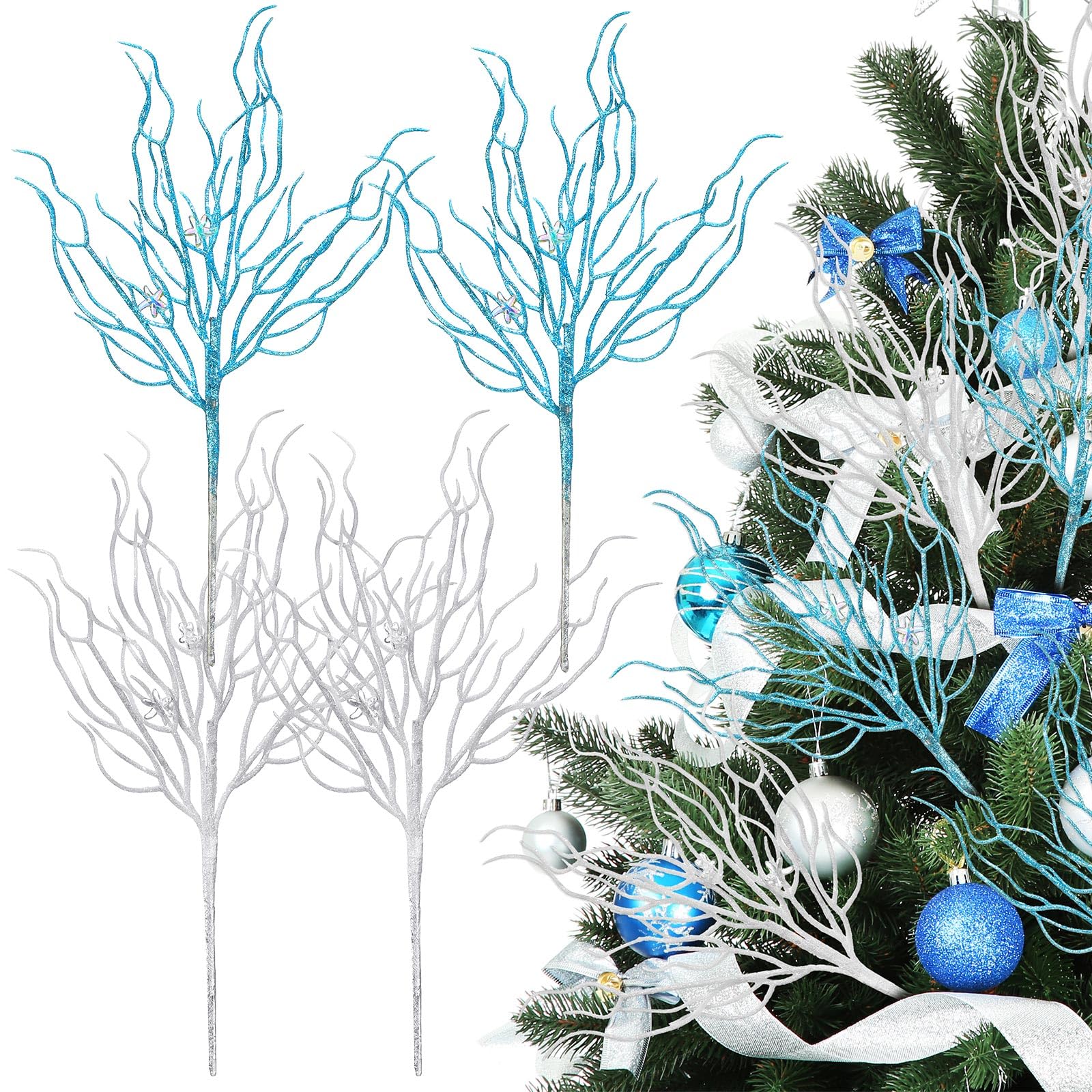 Vercraft 8 Pcs Blue White Coastal Christmas Decor 15.7inch Coastal Ornaments for Christmas Tree Artificial Flower Glitter Ocean 