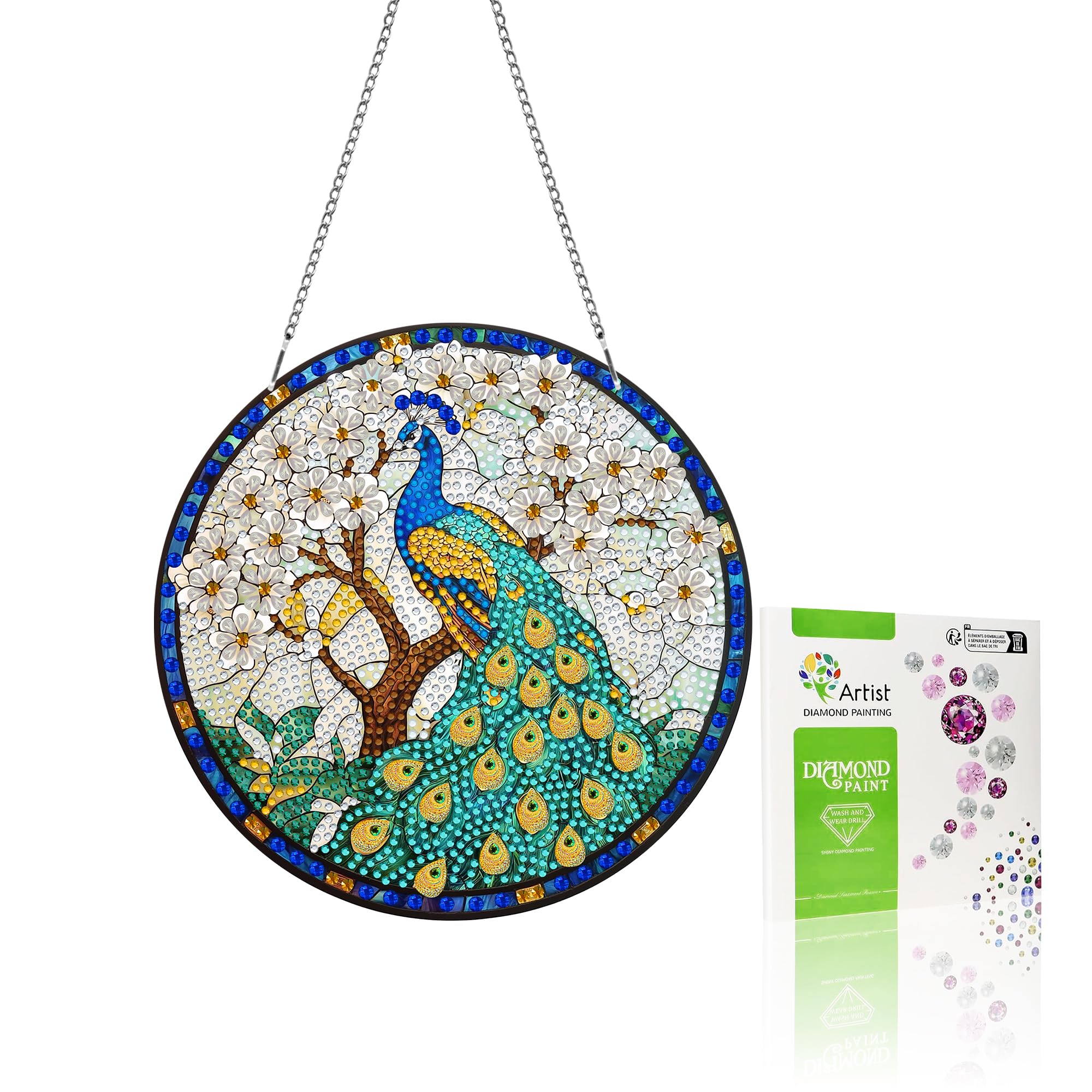 VAIIEYO Peacock Diamond Painting Hanging, Bird Animal Diamond Painting Suncatchers Window Hanging Kit with Chain, 7.5x7.5 inch C