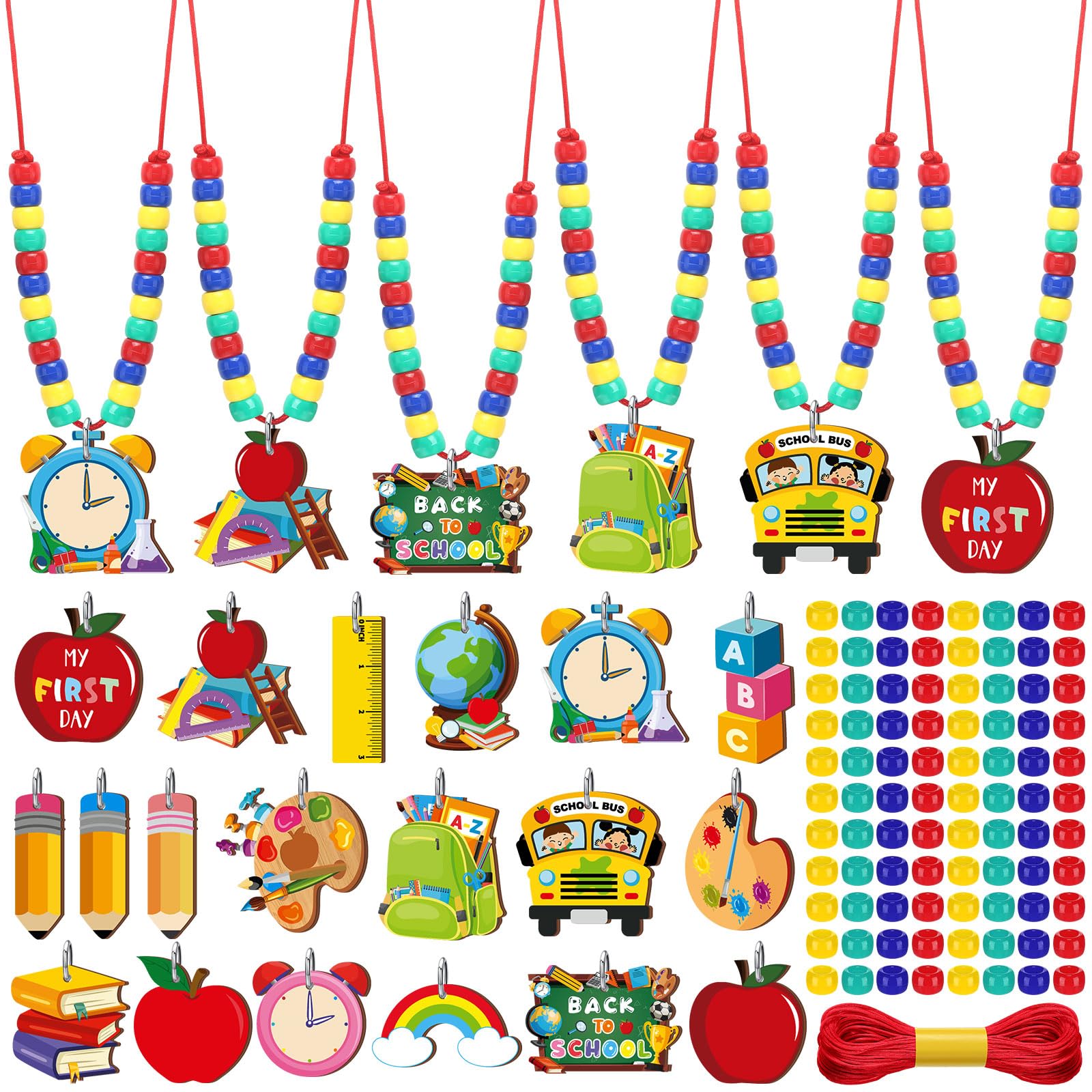 Ferreve 48 Sets Back to School Bead Necklace Crafts Kit Welcome First Day of School Craft Gifts Apple Bus Shape Beads DIY Neckla