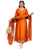 Anni Designer Women'S Rayon Viscose Anarkali Embroidered Kurta With Pant & Dupatta (Ranibai Orange_M_Orange_Medium),Orange,M