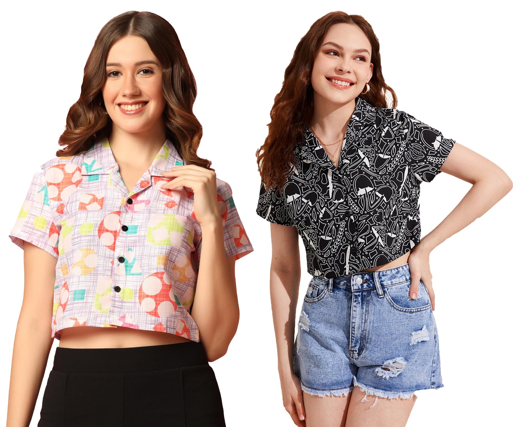Toplot Women'S Casual Printed Crop Shirt With Half Sleeve Pack Of 2 (Combo-5059-Blk-Mlt-L),Black-Multi,,B0CFTWF2GP